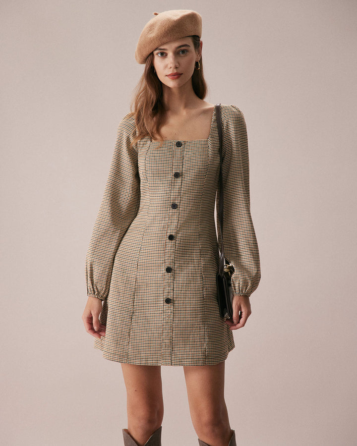 Morgan and Brooke | Khaki Plaid Button Mini Dress