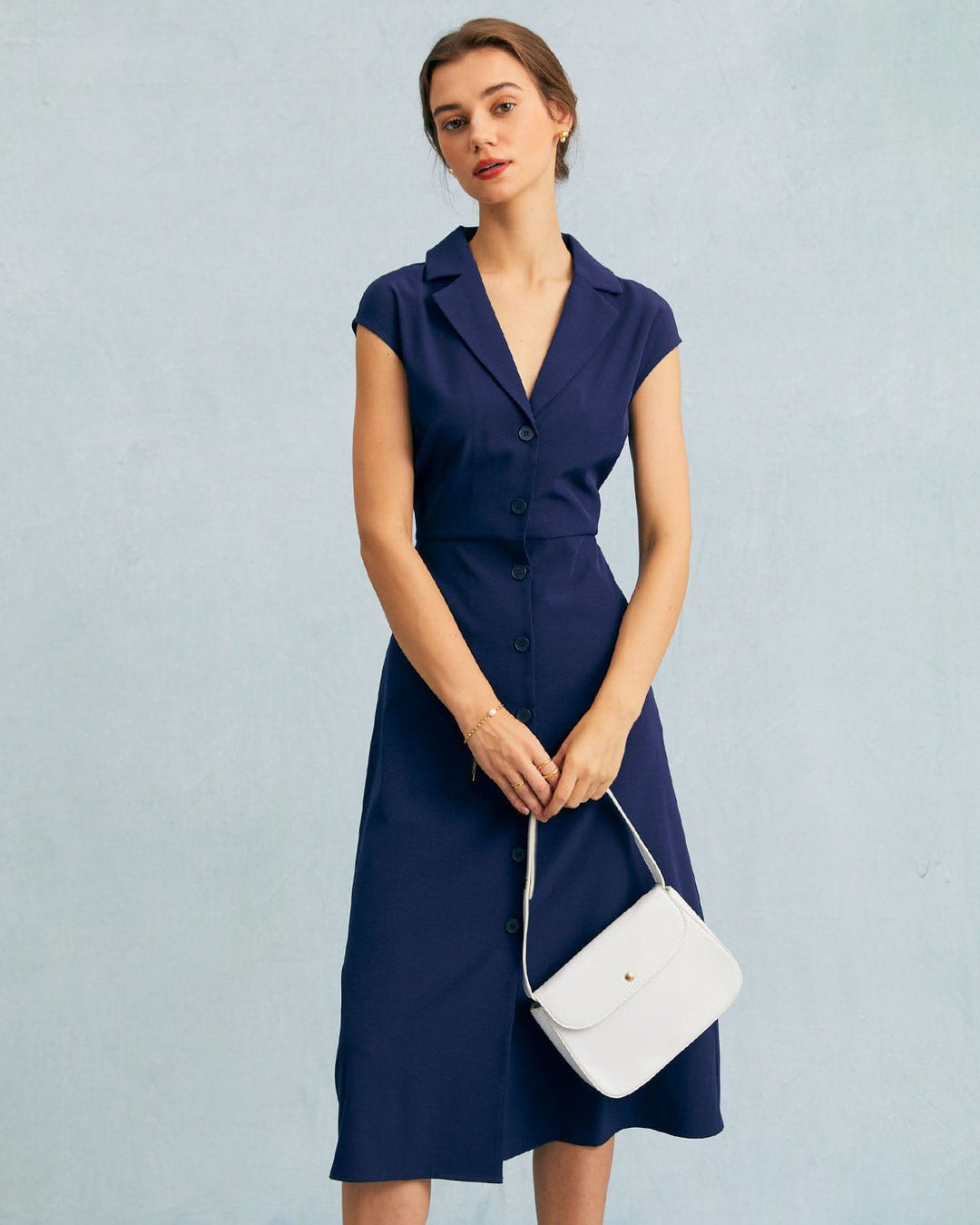 Morgan and Brooke | Navy V Neck Button Cap Sleeve Midi Dress