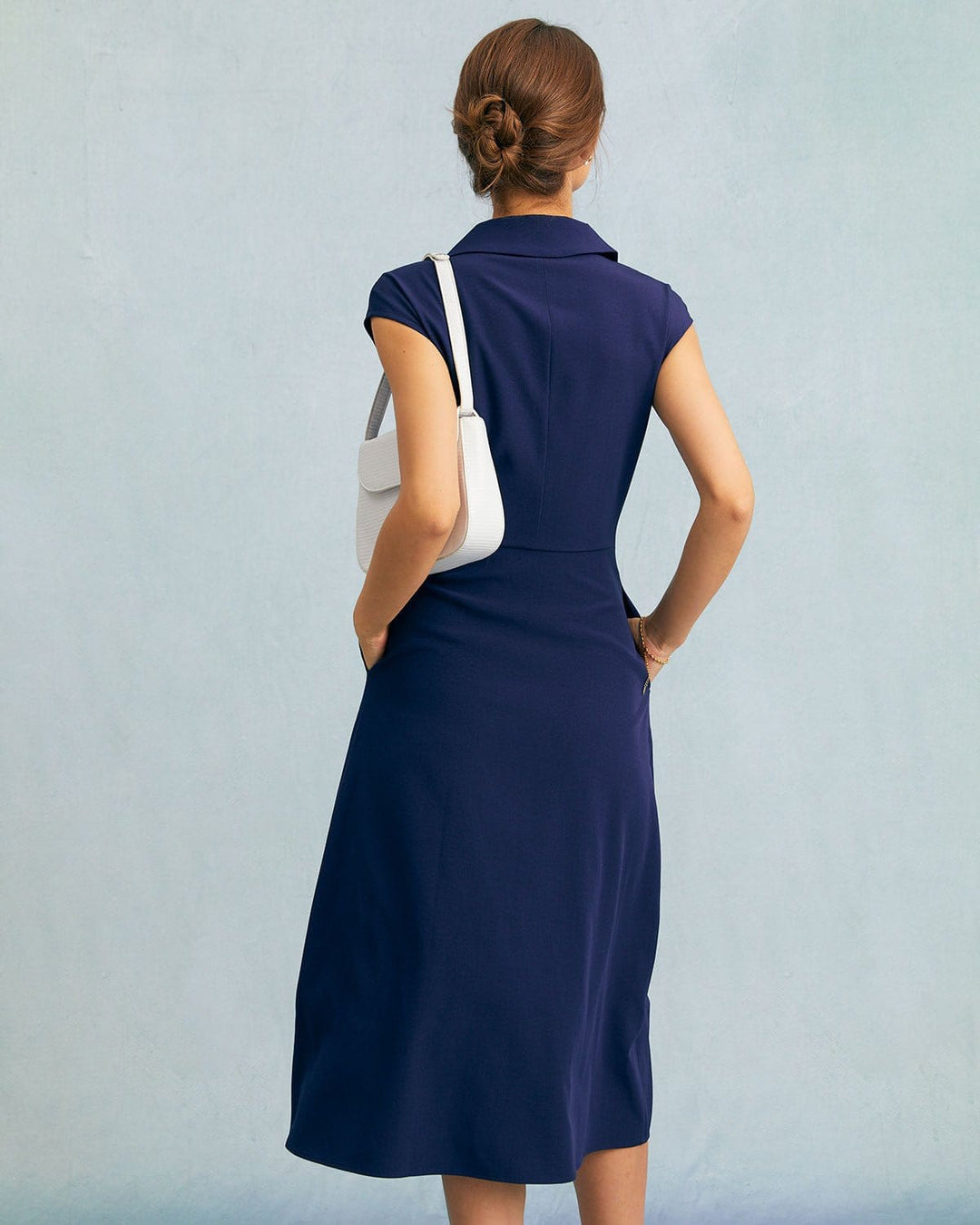 Morgan and Brooke | Navy V Neck Button Cap Sleeve Midi Dress