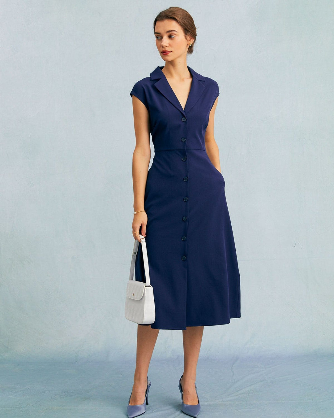 Morgan and Brooke | Navy V Neck Button Cap Sleeve Midi Dress