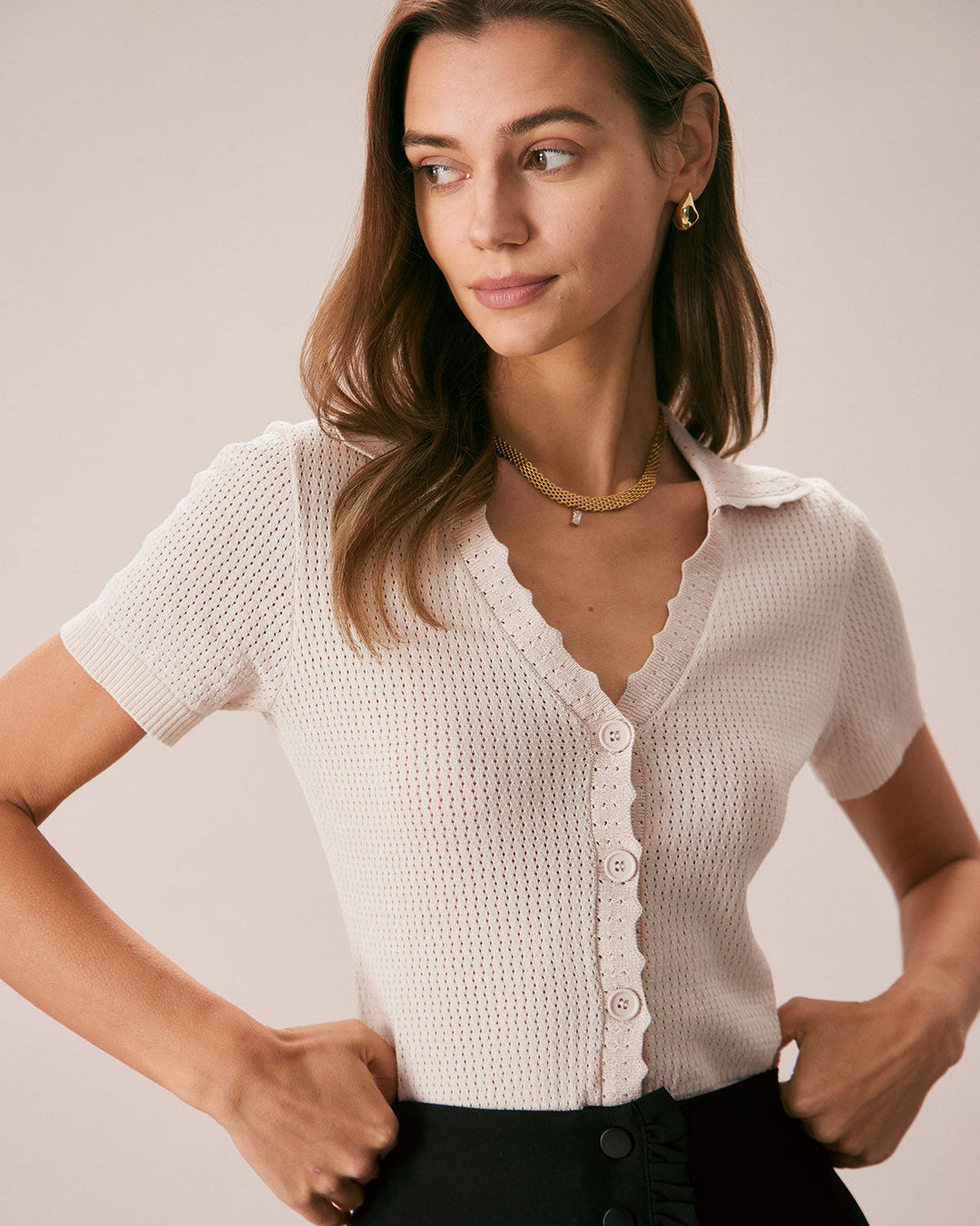 Morgan and Brooke | V Neck Button Pointelle Knit Tee for Women in Nude