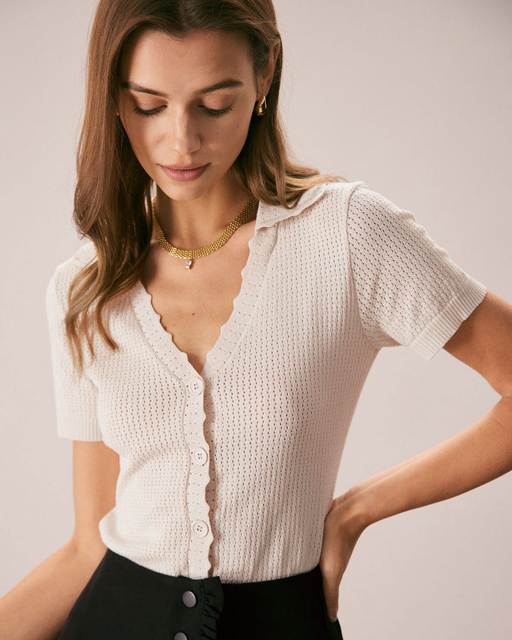 Morgan and Brooke | V Neck Button Pointelle Knit Tee for Women in Nude