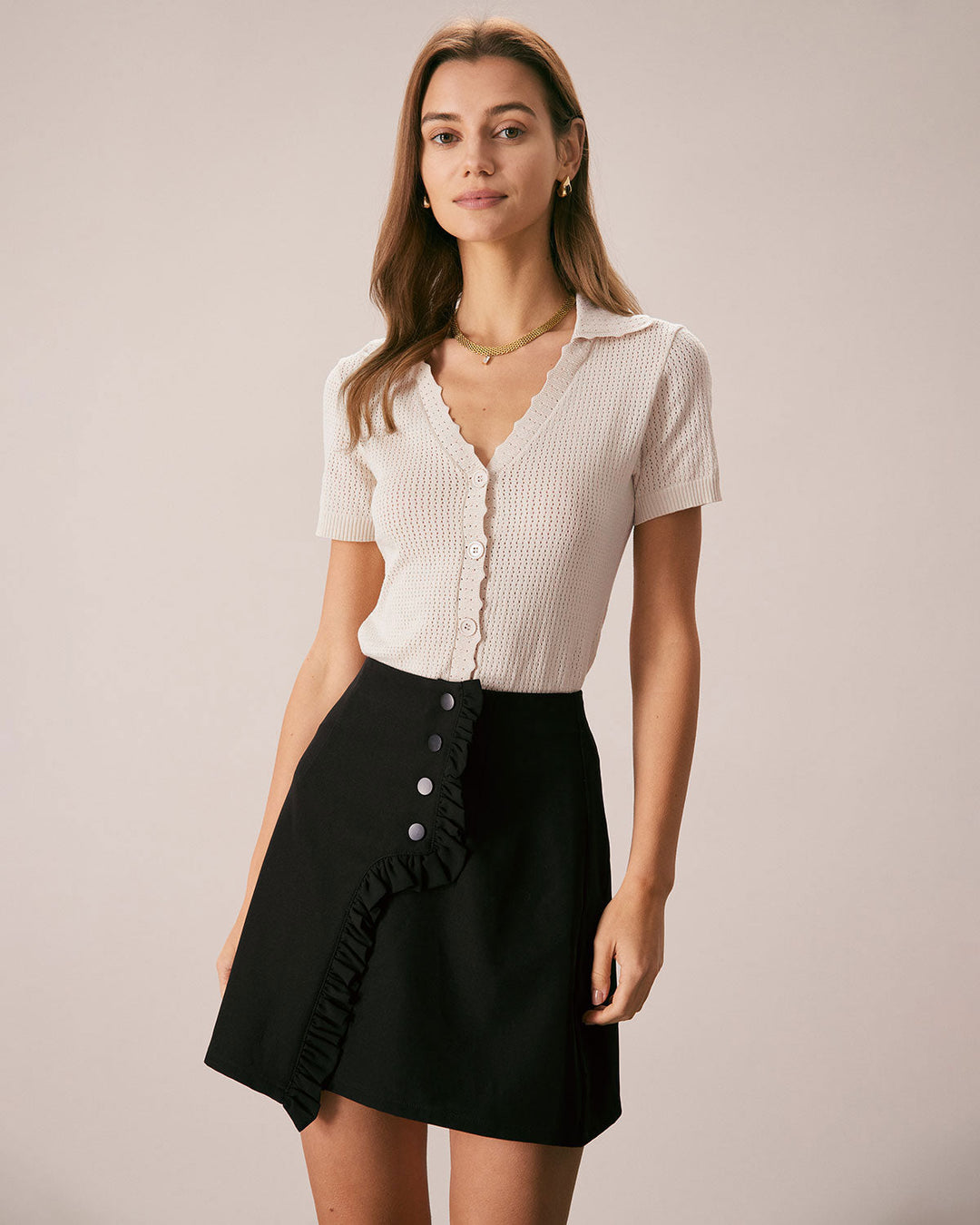 Morgan and Brooke | V Neck Button Pointelle Knit Tee for Women in Nude
