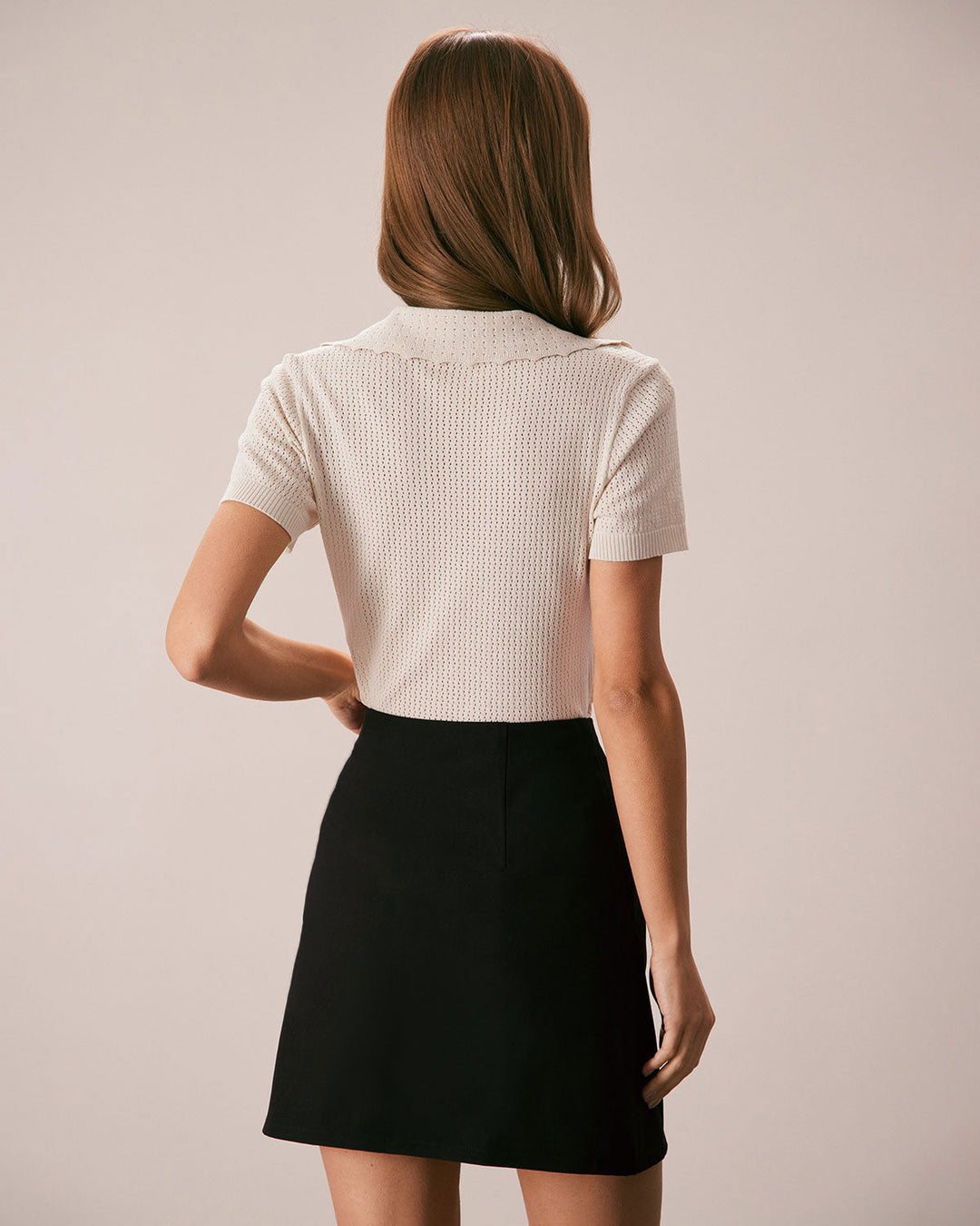 Morgan and Brooke | V Neck Button Pointelle Knit Tee for Women in Nude