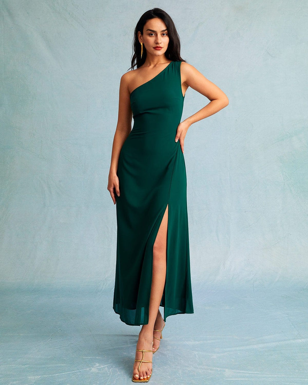 Morgan and Brooke | One Shoulder Sleeveless Maxi Dress in Green