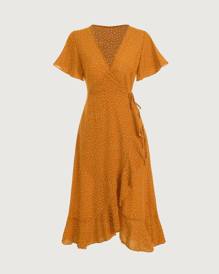 Morgan and Brooke | Yellow Polka Dot Ruffle Wrap Dress