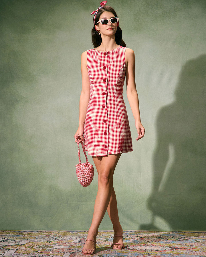 Morgan and Brooke | Boat Neck Plaid Mini Dress for Women in Red