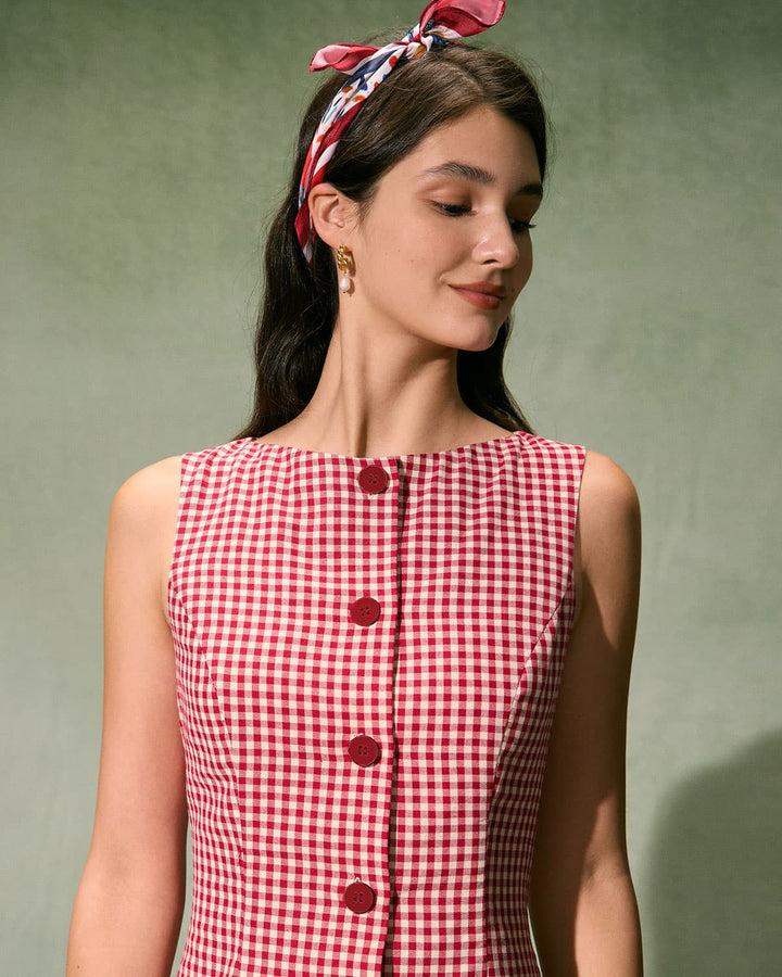 Morgan and Brooke | Boat Neck Plaid Mini Dress for Women in Red