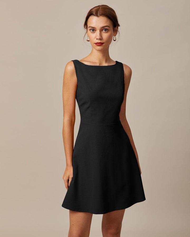 Morgan and Brooke | Black Boat Neck High Waisted Mini Dress