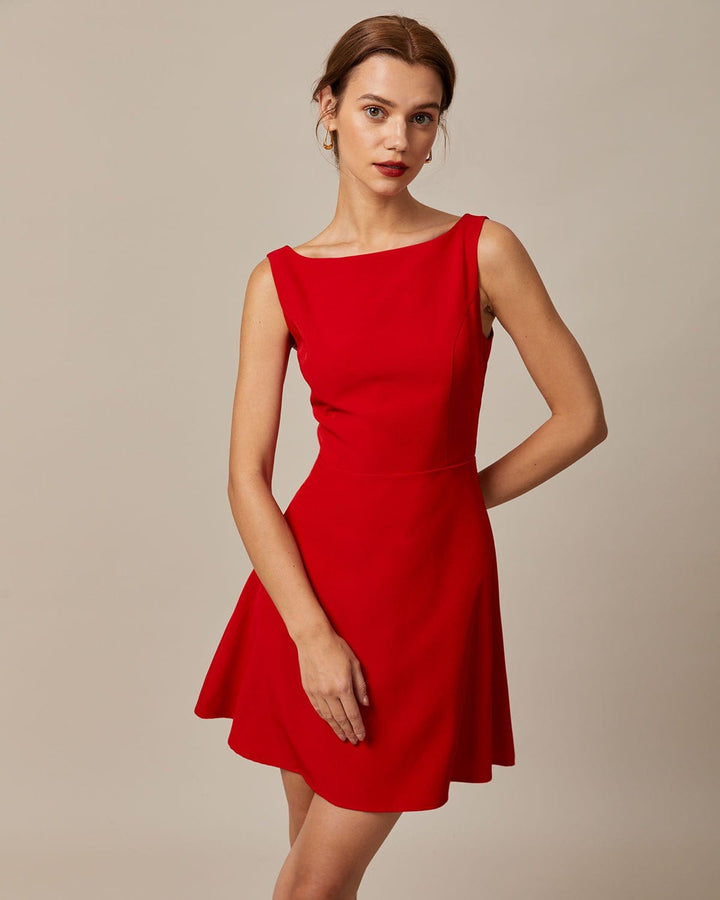 Morgan and Brooke | Red Boat Neck High Waisted Mini Dress