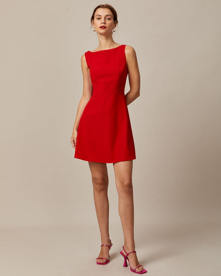 Morgan and Brooke | Red Boat Neck High Waisted Mini Dress