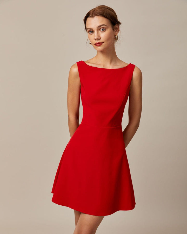 Morgan and Brooke | Red Boat Neck High Waisted Mini Dress