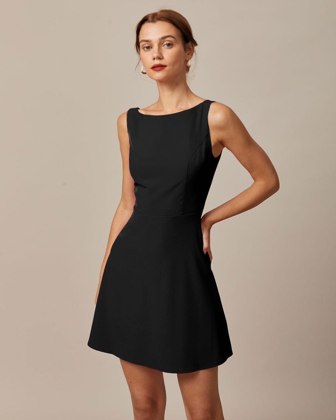 Morgan and Brooke | Black Boat Neck High Waisted Mini Dress