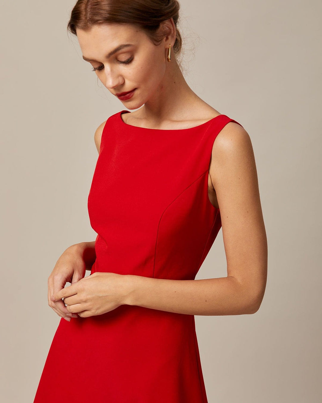 Morgan and Brooke | Red Boat Neck High Waisted Mini Dress
