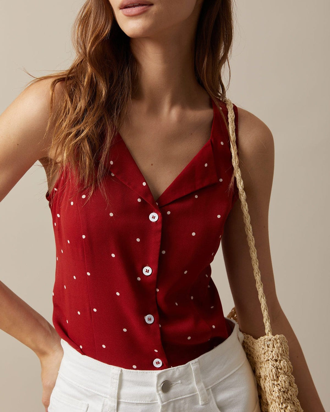 Morgan and Brooke | Red V Neck Polka Dot Sleeveless Top