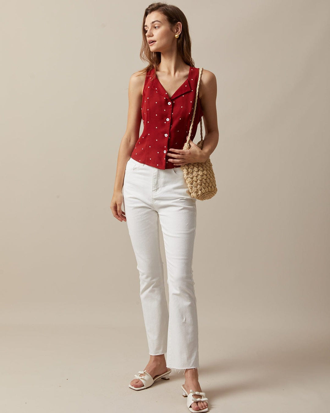 Morgan and Brooke | Red V Neck Polka Dot Sleeveless Top