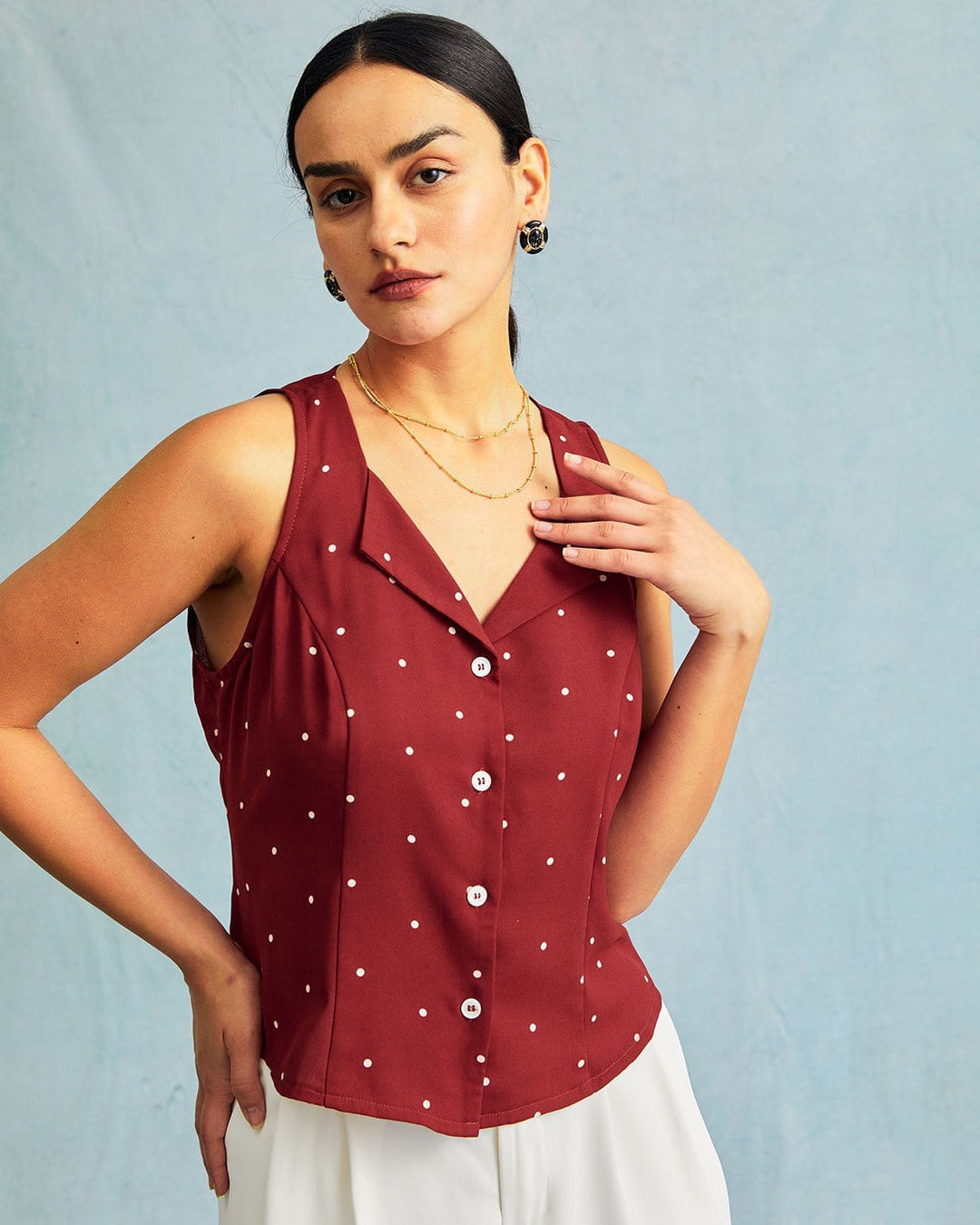 Morgan and Brooke | Red V Neck Polka Dot Sleeveless Top