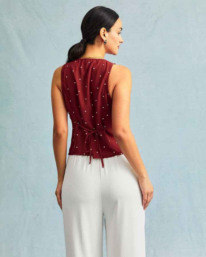 Morgan and Brooke | Red V Neck Polka Dot Sleeveless Top