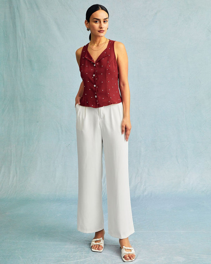 Morgan and Brooke | Red V Neck Polka Dot Sleeveless Top
