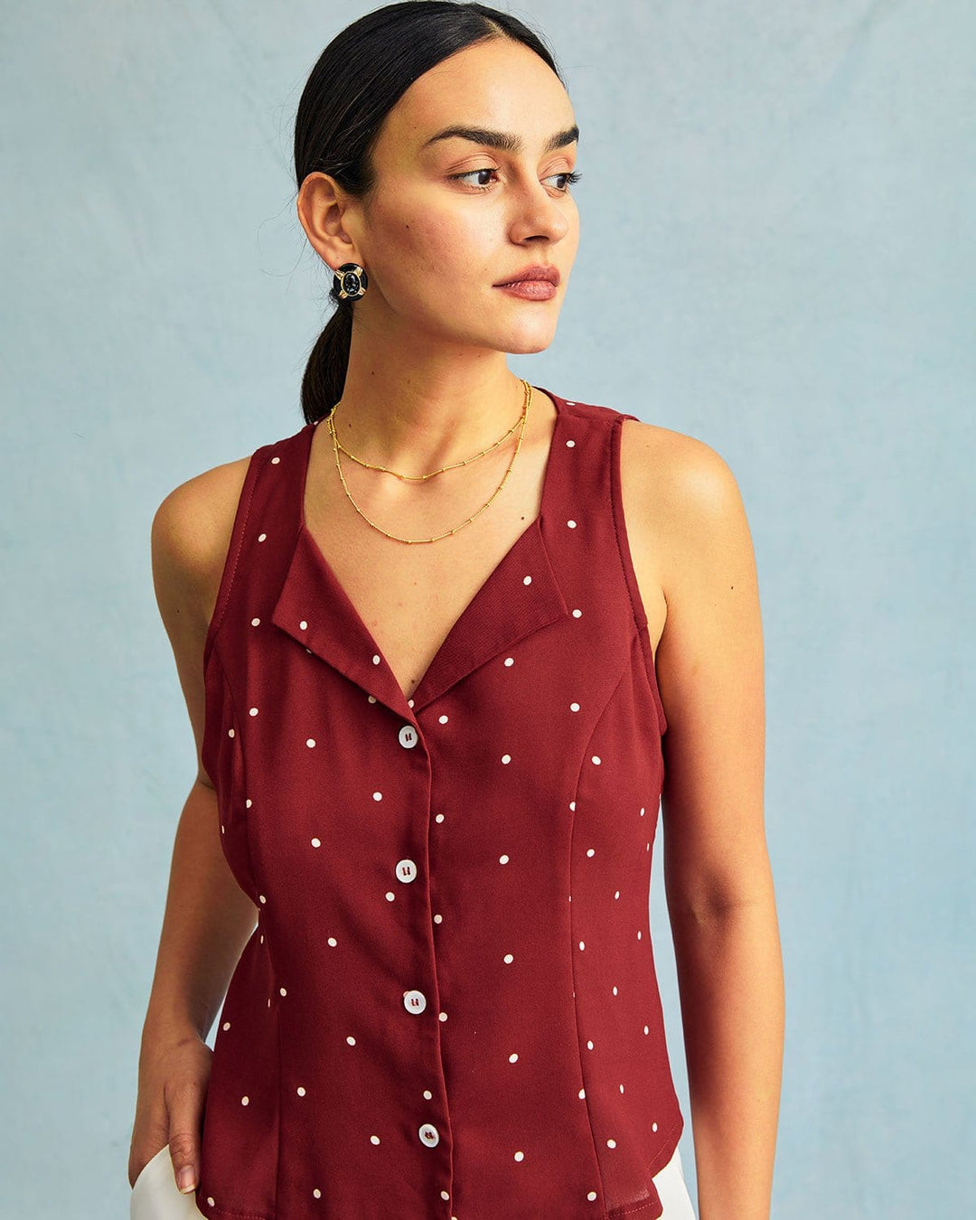 Morgan and Brooke | Red V Neck Polka Dot Sleeveless Top