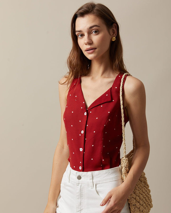 Morgan and Brooke | Red V Neck Polka Dot Sleeveless Top