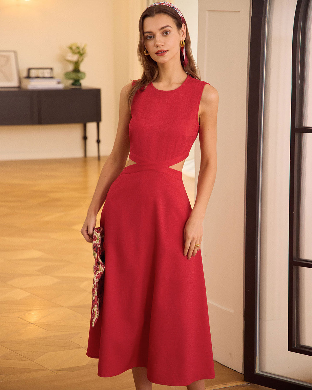 Morgan and Brooke | Red Round Neck Cut-Out Midi Dress