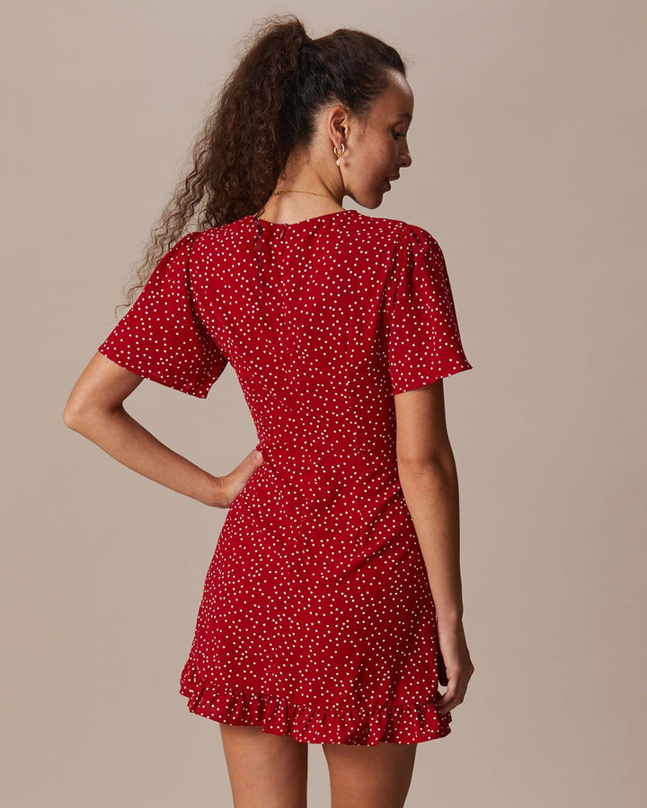 Morgan and Brooke | Red V Neck Polka Dot Flounce Mini Dress