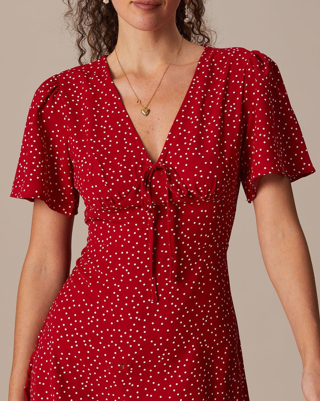 Morgan and Brooke | Red V Neck Polka Dot Flounce Mini Dress