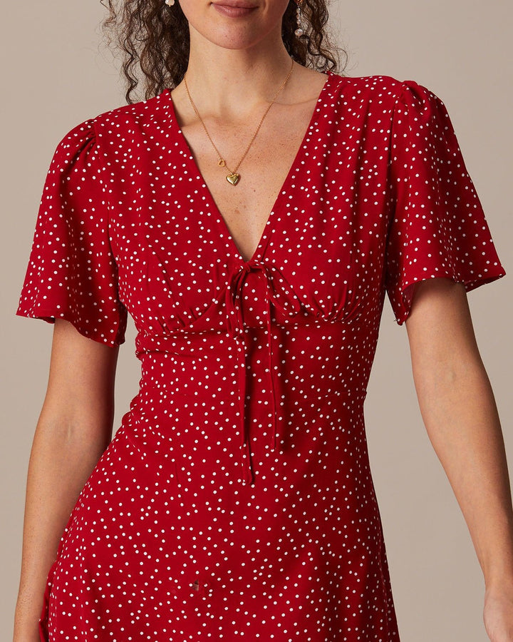 Morgan and Brooke | Red V Neck Polka Dot Flounce Mini Dress