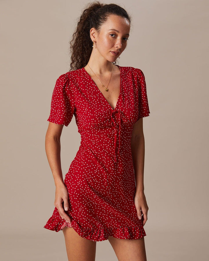 Morgan and Brooke | Red V Neck Polka Dot Flounce Mini Dress