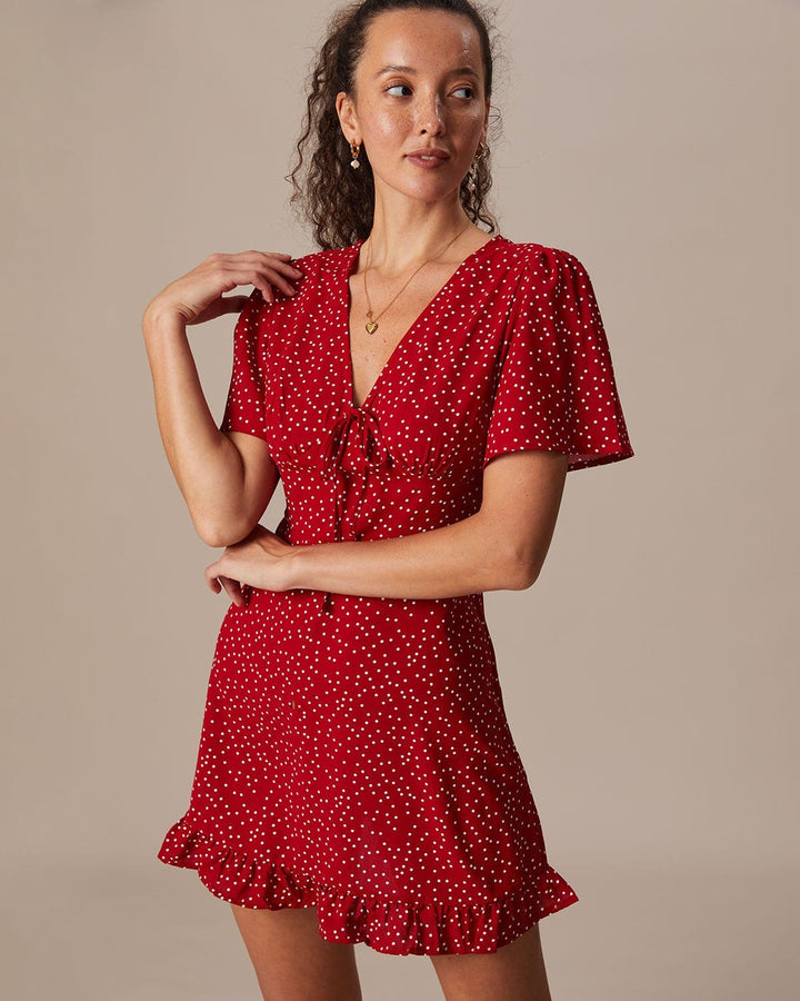 Morgan and Brooke | Red V Neck Polka Dot Flounce Mini Dress
