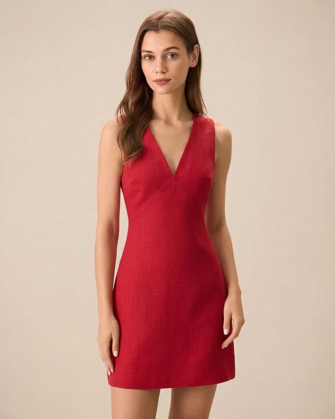 Morgan and Brooke | Red V Neck Sleeveless Linen Mini Dress
