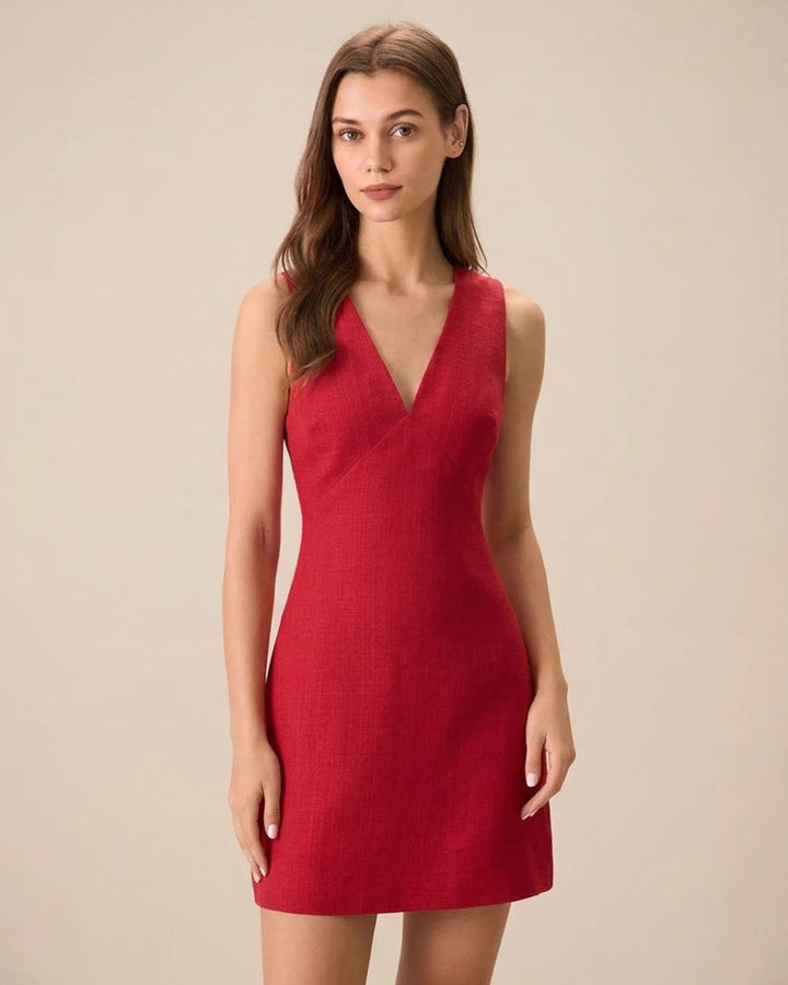 Morgan and Brooke | Red V Neck Sleeveless Linen Mini Dress