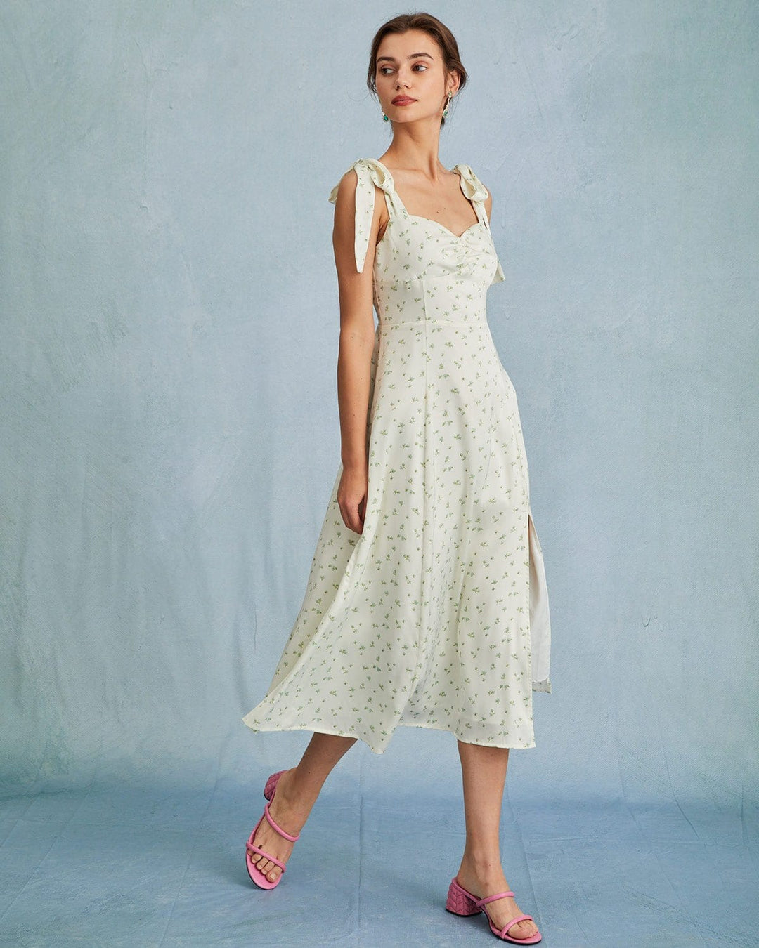 Morgan and Brooke | Light Green Satin Floral Tie Strap Midi Dress