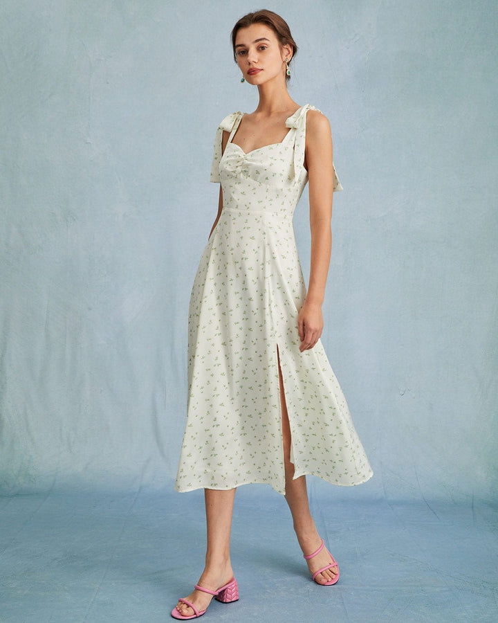 Morgan and Brooke | Light Green Satin Floral Tie Strap Midi Dress