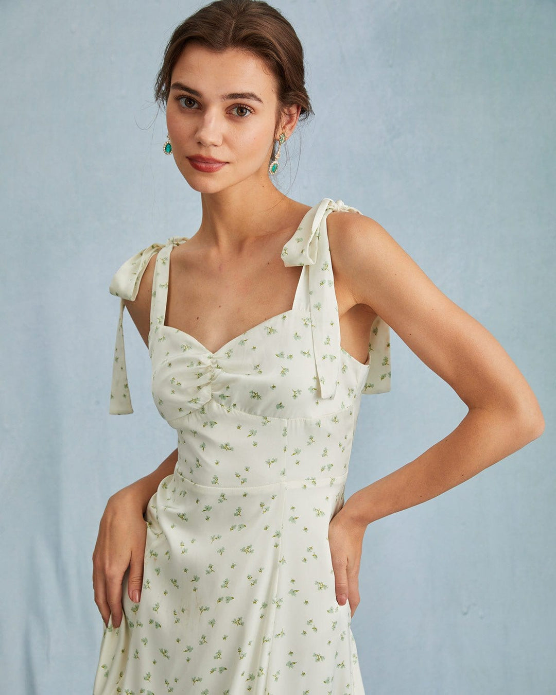Morgan and Brooke | Light Green Satin Floral Tie Strap Midi Dress