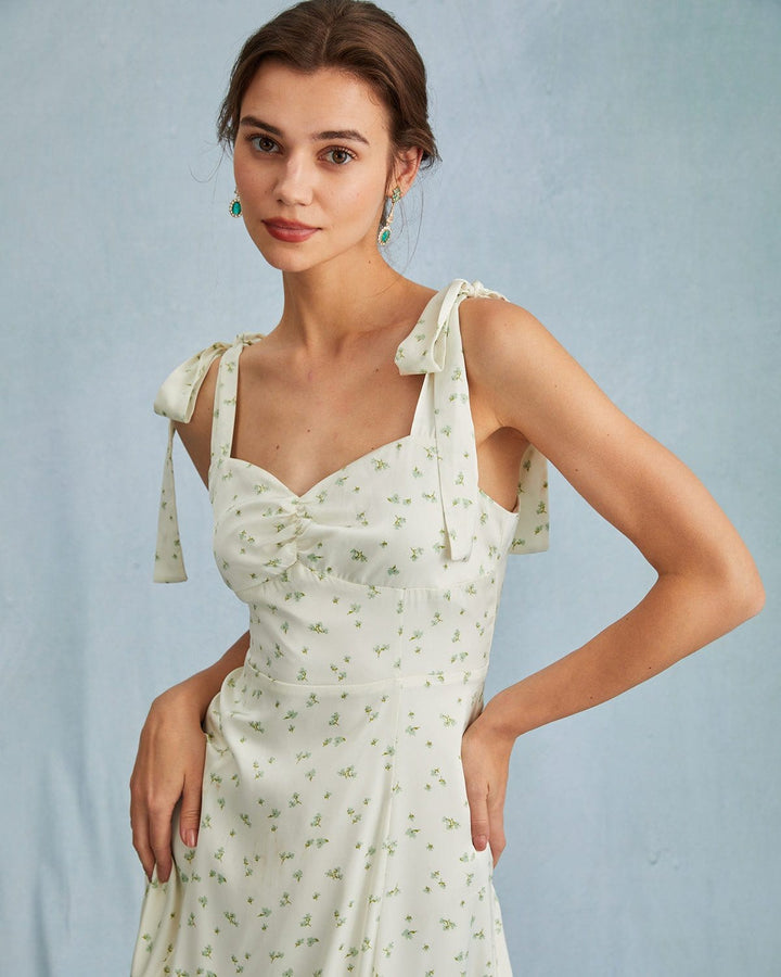 Morgan and Brooke | Light Green Satin Floral Tie Strap Midi Dress