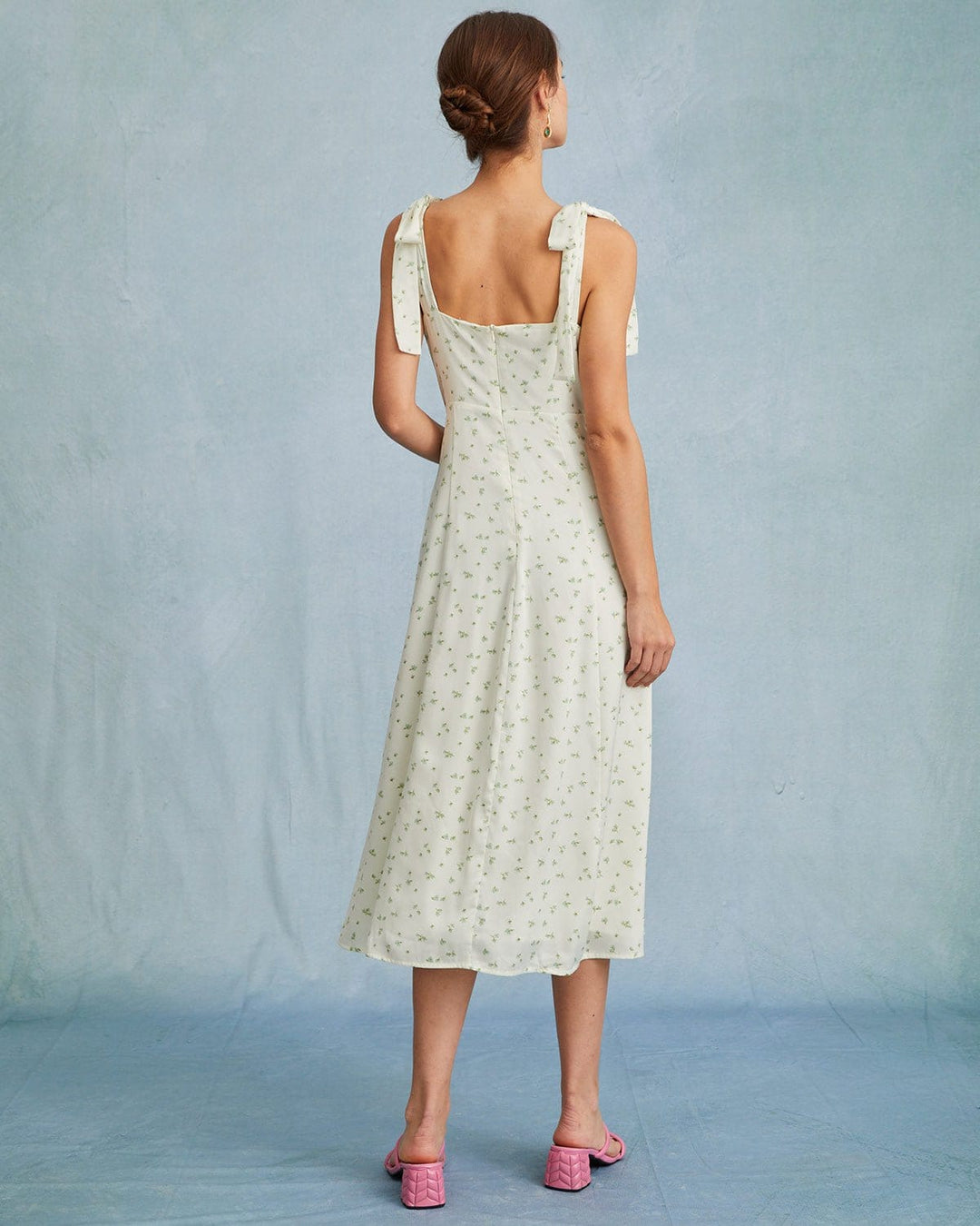 Morgan and Brooke | Light Green Satin Floral Tie Strap Midi Dress
