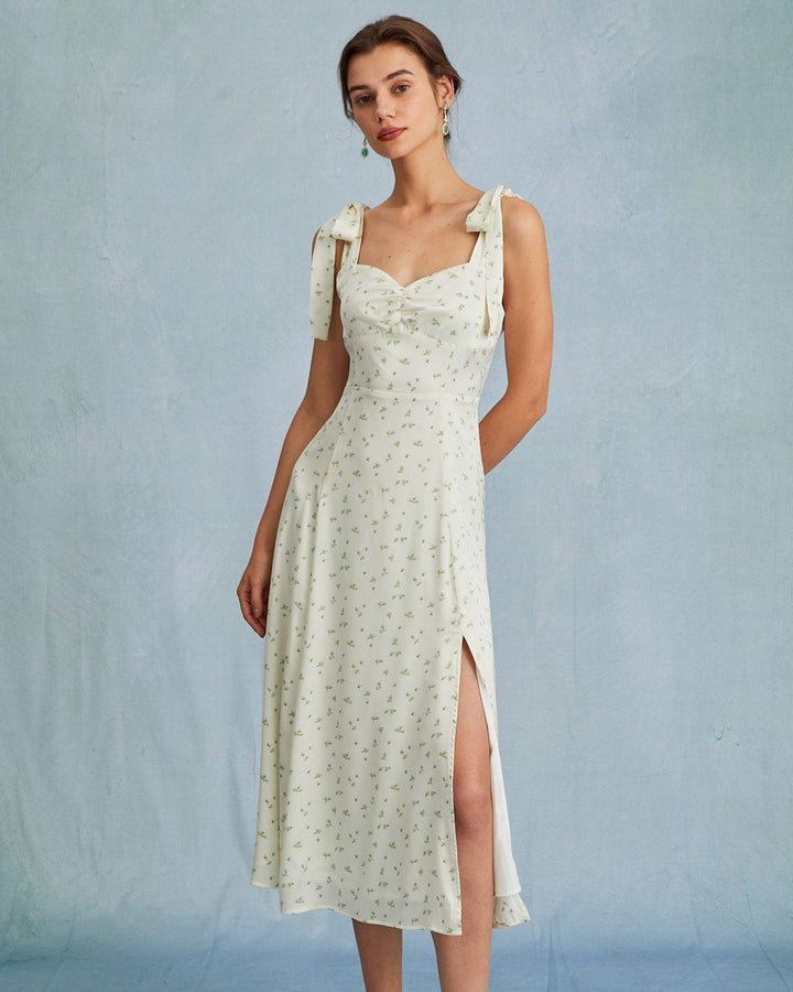 Morgan and Brooke | Light Green Satin Floral Tie Strap Midi Dress
