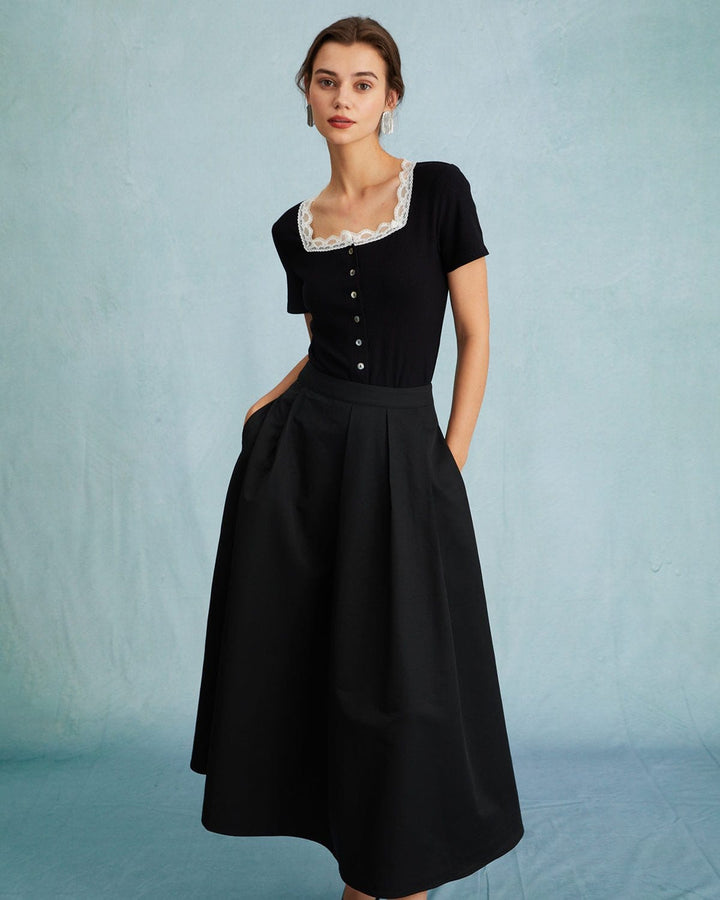 Morgan and Brooke | High Waisted Pleated Midi Skirt, Black