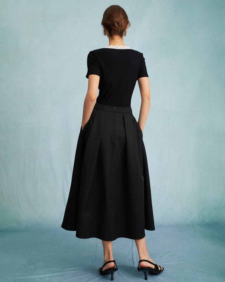 Morgan and Brooke | High Waisted Pleated Midi Skirt, Black