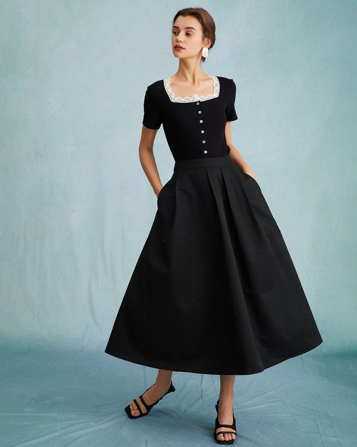 Morgan and Brooke | High Waisted Pleated Midi Skirt, Black