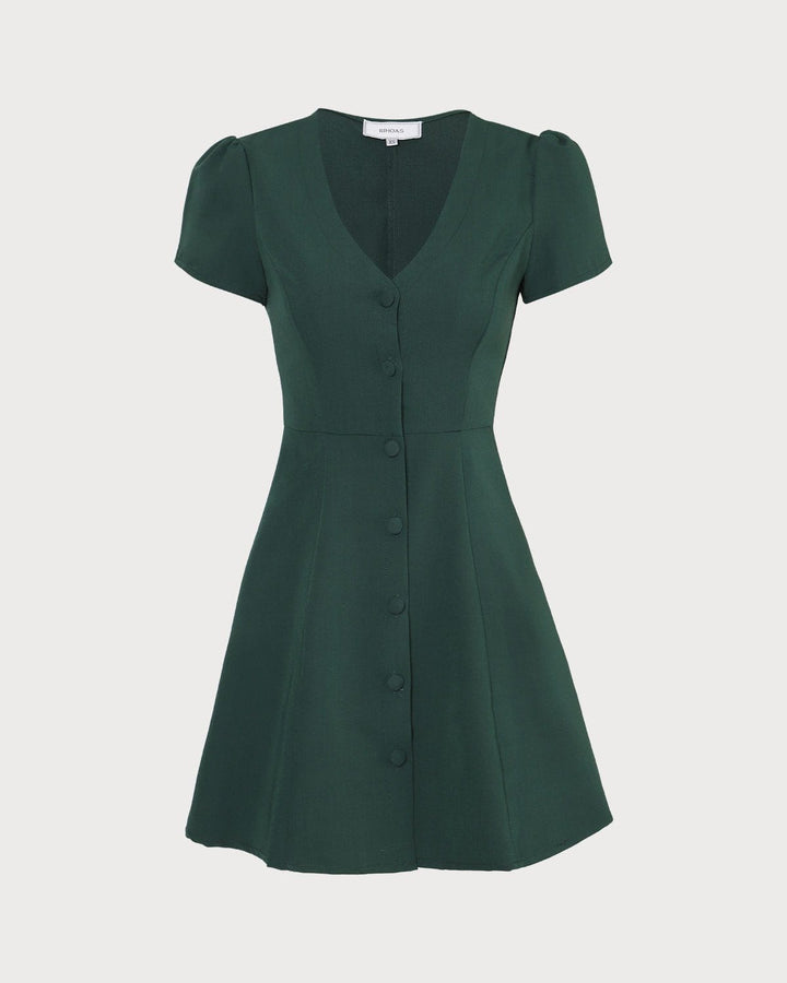 Morgan and Brooke | Dark Green V Neck Button-up Mini Dress