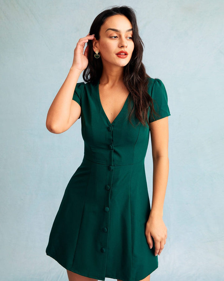 Morgan and Brooke | Dark Green V Neck Button-up Mini Dress