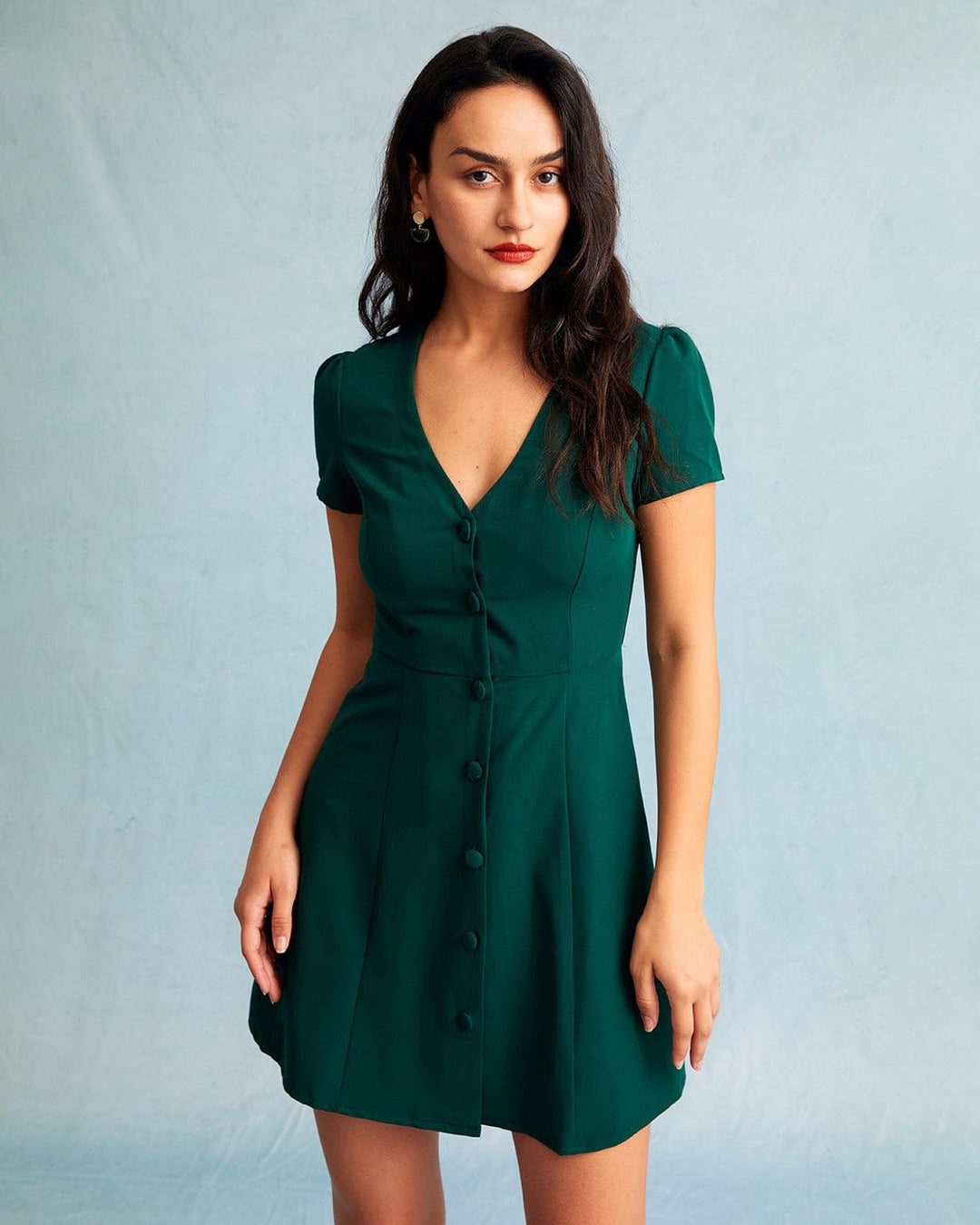 Morgan and Brooke | Dark Green V Neck Button-up Mini Dress