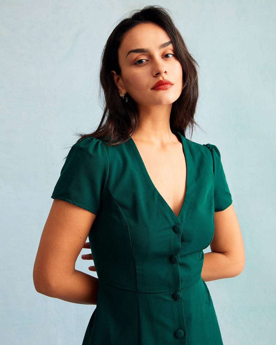 Morgan and Brooke | Dark Green V Neck Button-up Mini Dress