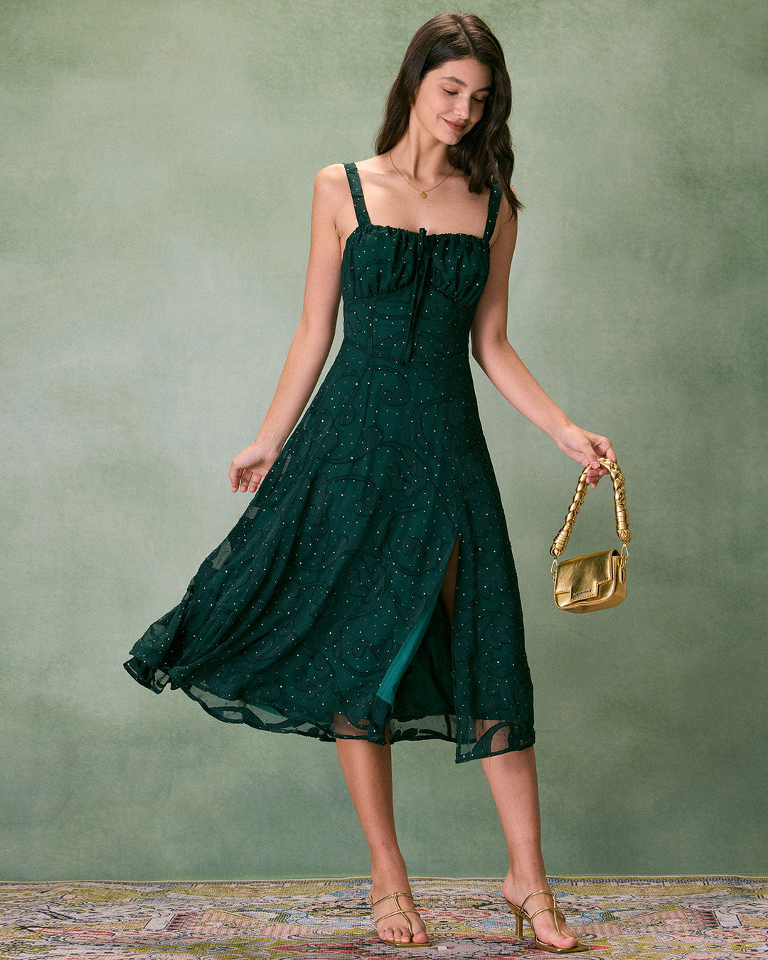 Morgan and Brooke | Green Jacquard Slit Midi Dress