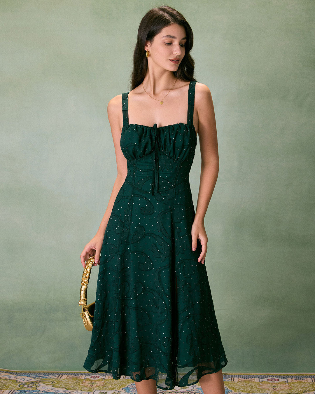 Morgan and Brooke | Green Jacquard Slit Midi Dress