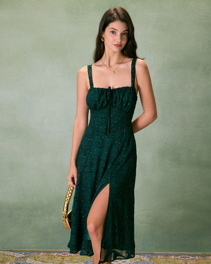 Morgan and Brooke | Green Jacquard Slit Midi Dress