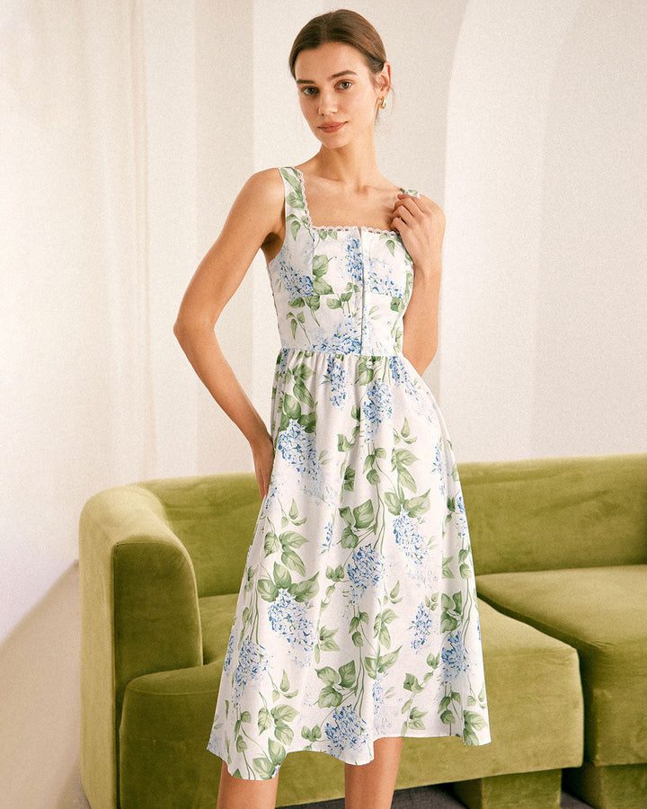 Morgan and Brooke | White Square Neck Floral A-Line Midi Dress